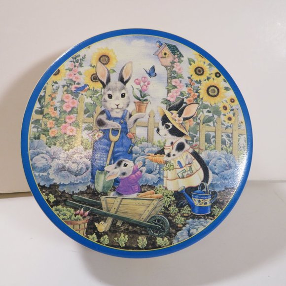 Gardening Rabbits Metal Tin Judith Ann Griffith 90's Sunflowers Birdhouse Family - Picture 1 of 8